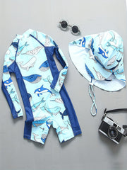 Boy's Whale Graphic One Piece Swimsuit Short Sleeves Zip Up Swimwear