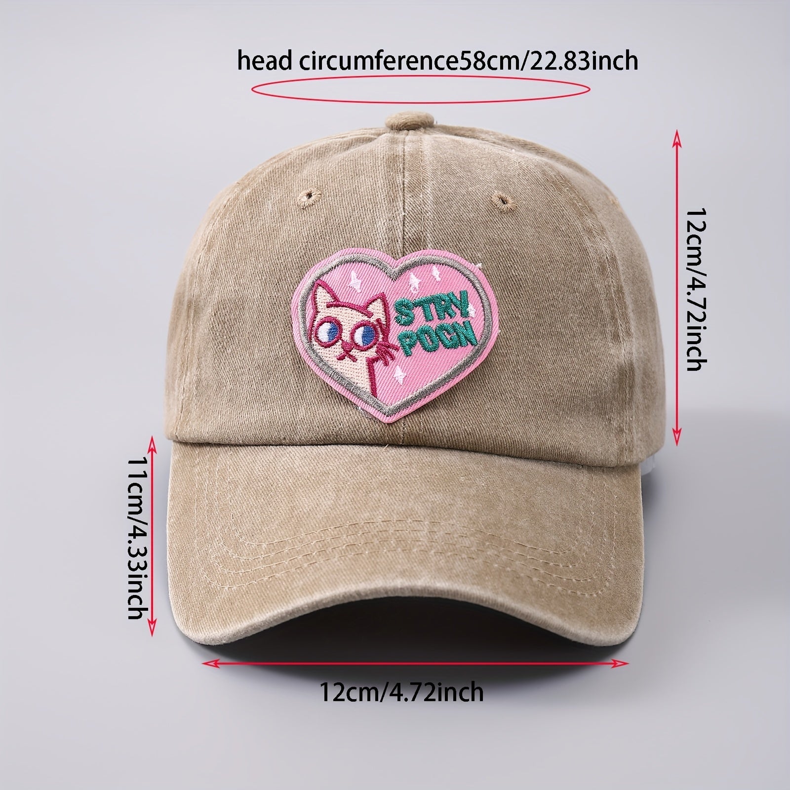 Heart Cat Patch Baseball Cap Embroidery Washed Distressed Cotton Sun Hat