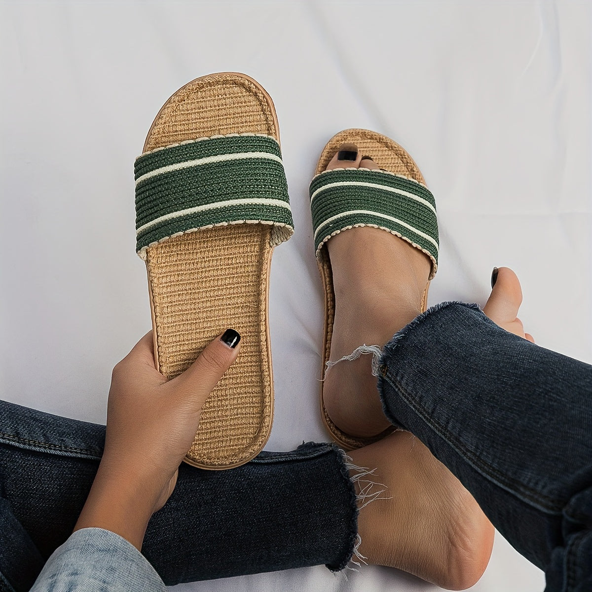 Women's Flat Linen Slides Open Toe Non Slip Shoes
