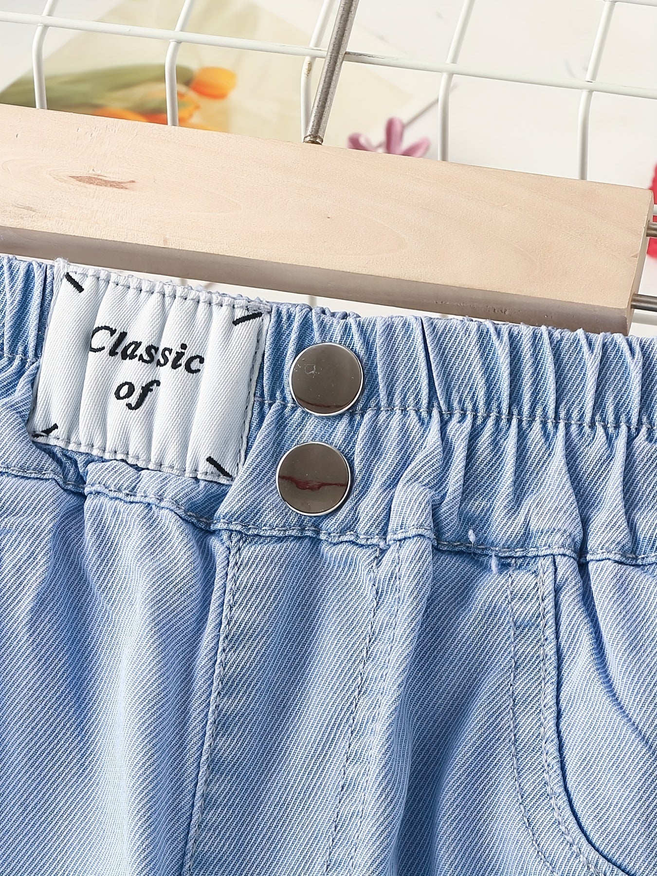 Girls Loose Casual Jeans Elastic Waist Letter Patched Wide Leg Denim Pants