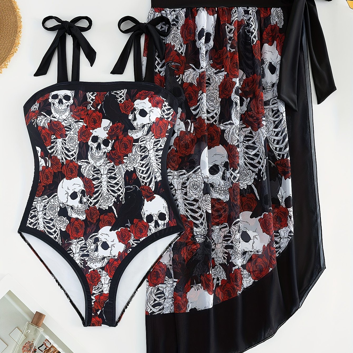 Halloween Gothic Tankini Set Women's Plus Rose Skull Print