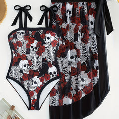 Halloween Gothic Tankini Set Women's Plus Rose Skull Print