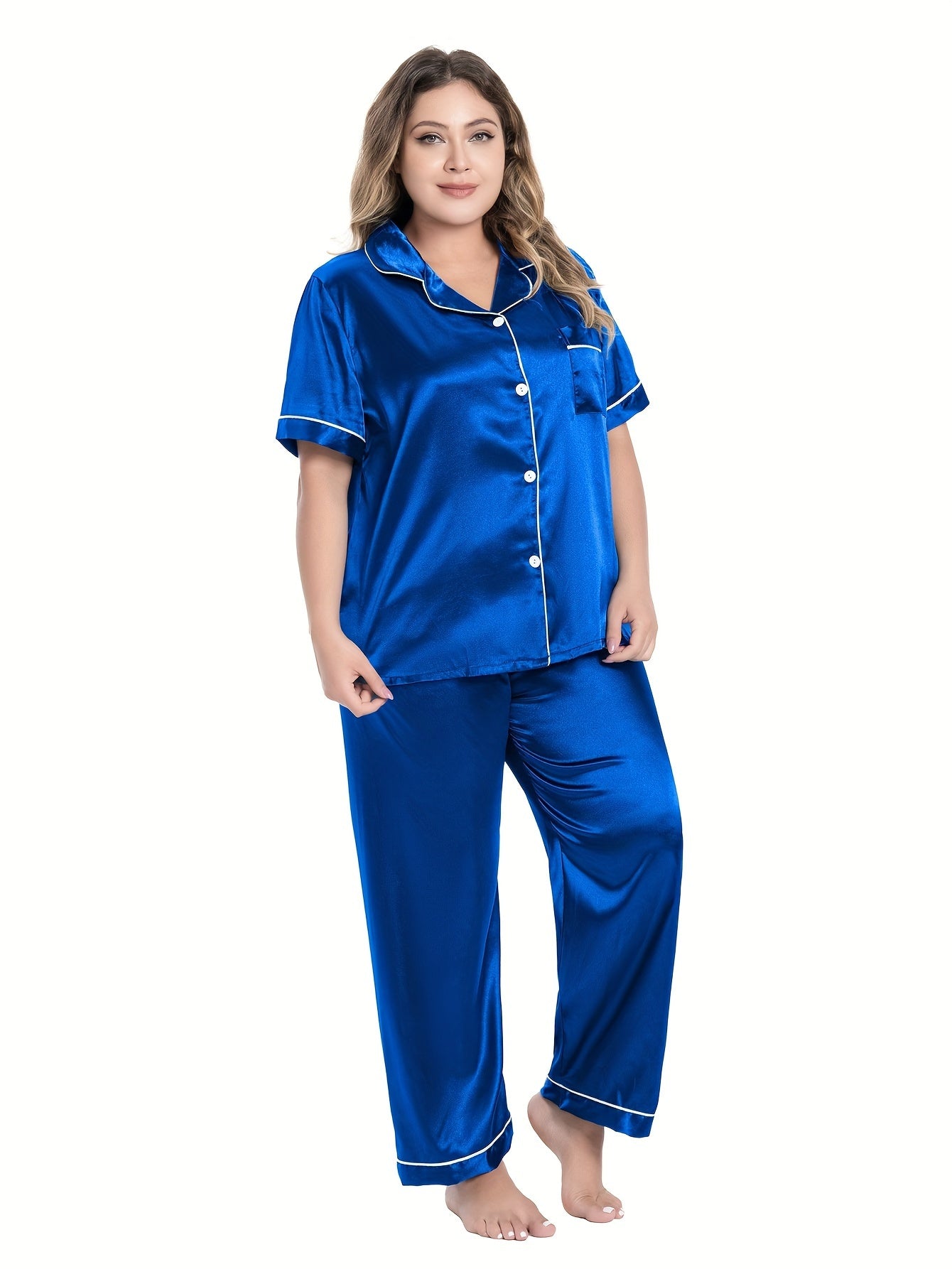 Party Pajamas Set Women's Plus Satin Shirt & Pants 2 Piece Set