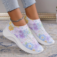Women's Rhinestone Decor Sneakers Floral Print Slip On Shoes