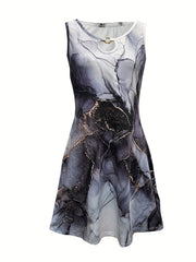 Marble Print Keyhole Dress Casual Crew Neck Sleeveless Summer Dress