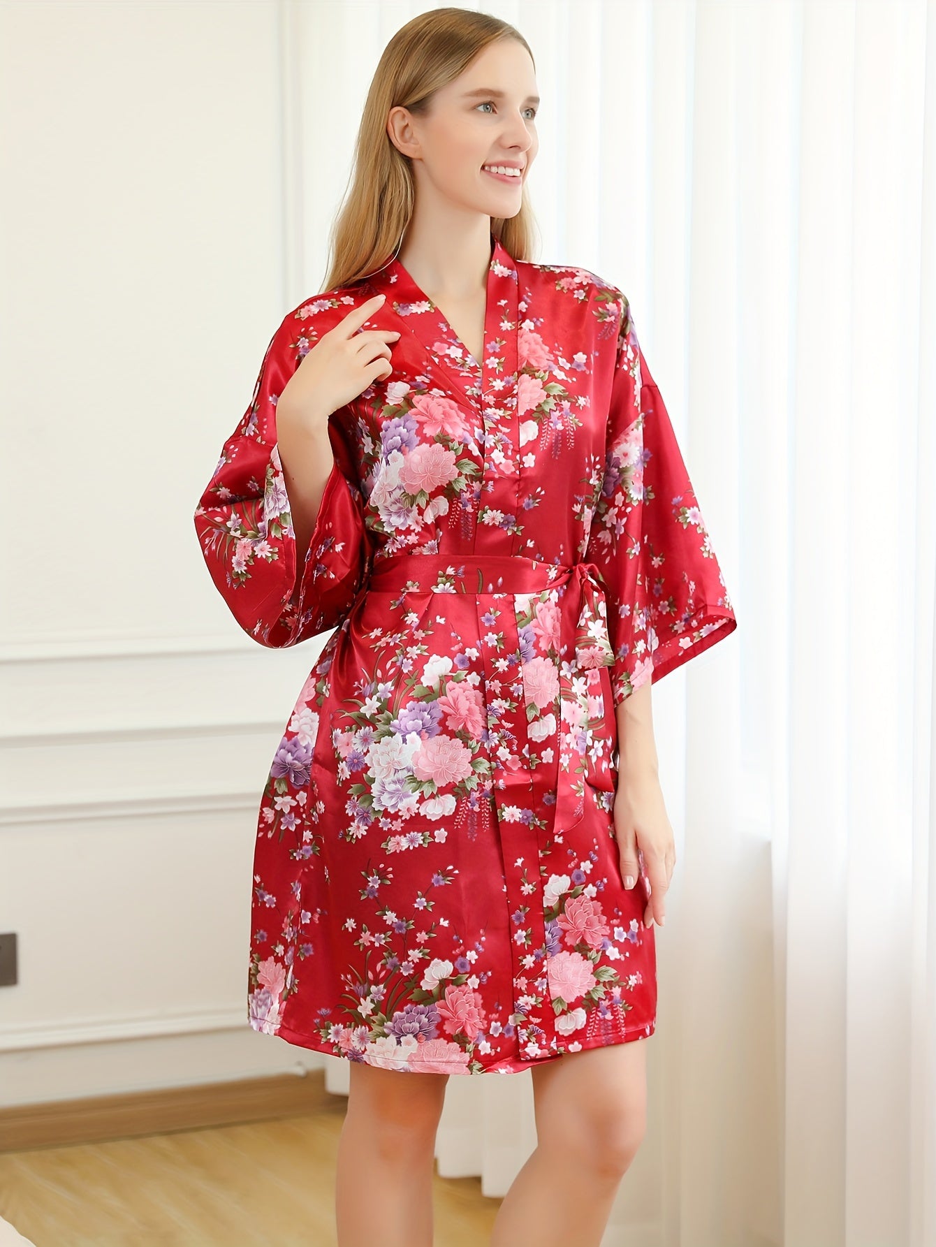 Floral Print Satin Night Robe V Neck 3/4 Sleeve with Belt