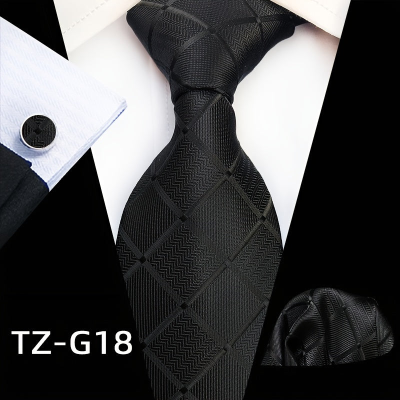 Men's Plaid Pattern Tie Pocket Scarf Cuff Set For Suits