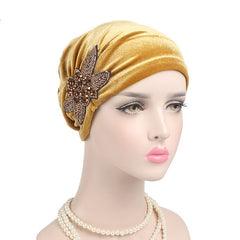Beaded Flower Turban Cap Hat Accessories Turban Hat Velvet Pleated Hood Beanie
