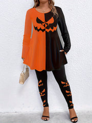 Plus Size Halloween Gothic Outfits Set Women's Pumpkin Print Top & Leggings