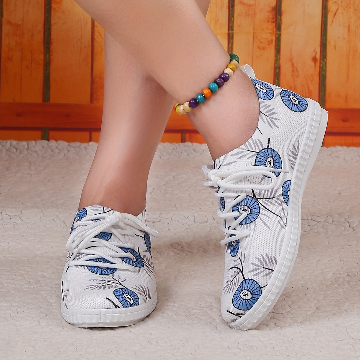 Women's Flower Pattern Sneakers Casual Lace Up Outdoor Shoes