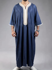 Islamic Arabic Kaftan Men Long Sleeve Solid V Neck Muslim Clothes Vintage Casual