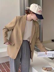 Solid Button Front Blazer Lapel Long Sleeve Blazer for Office & Work