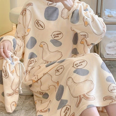 Duck Print NightDress Crew Neck Pajama Dress Women's Sleepwear