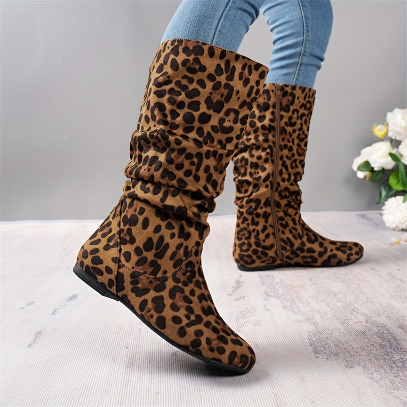 Leopard Print Slouch Boots Round Toe Side Zipper Flat Comfy Riding Boots