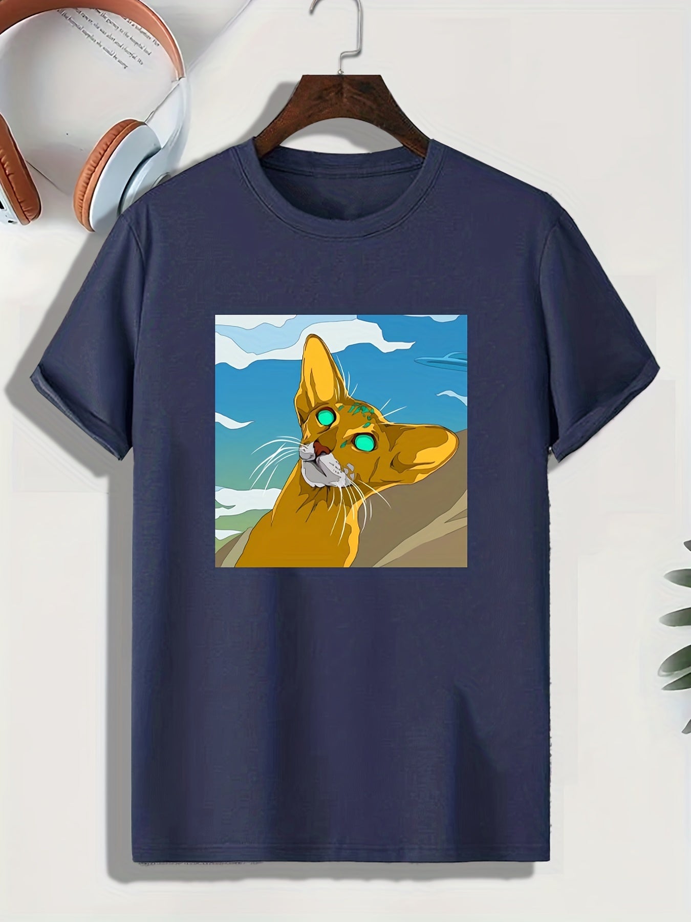 Men's Cartoon Cat Print Comfy T-shirt for Outdoor Gift