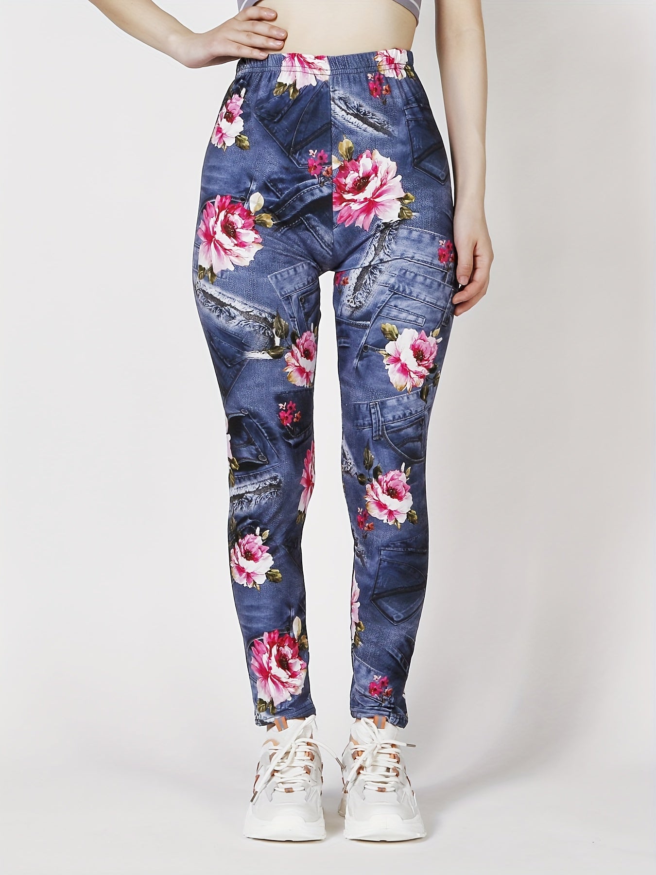 Floral Print Skinny Leggings Casual Stretchy Leggings
