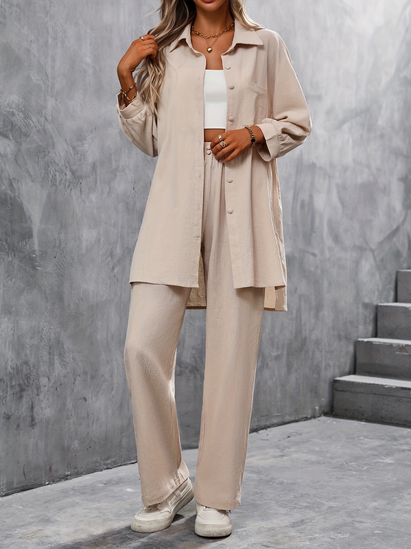 2-Piece Solid Button Up Blouse & Wide Leg Pants Set