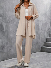 2-Piece Solid Button Up Blouse & Wide Leg Pants Set