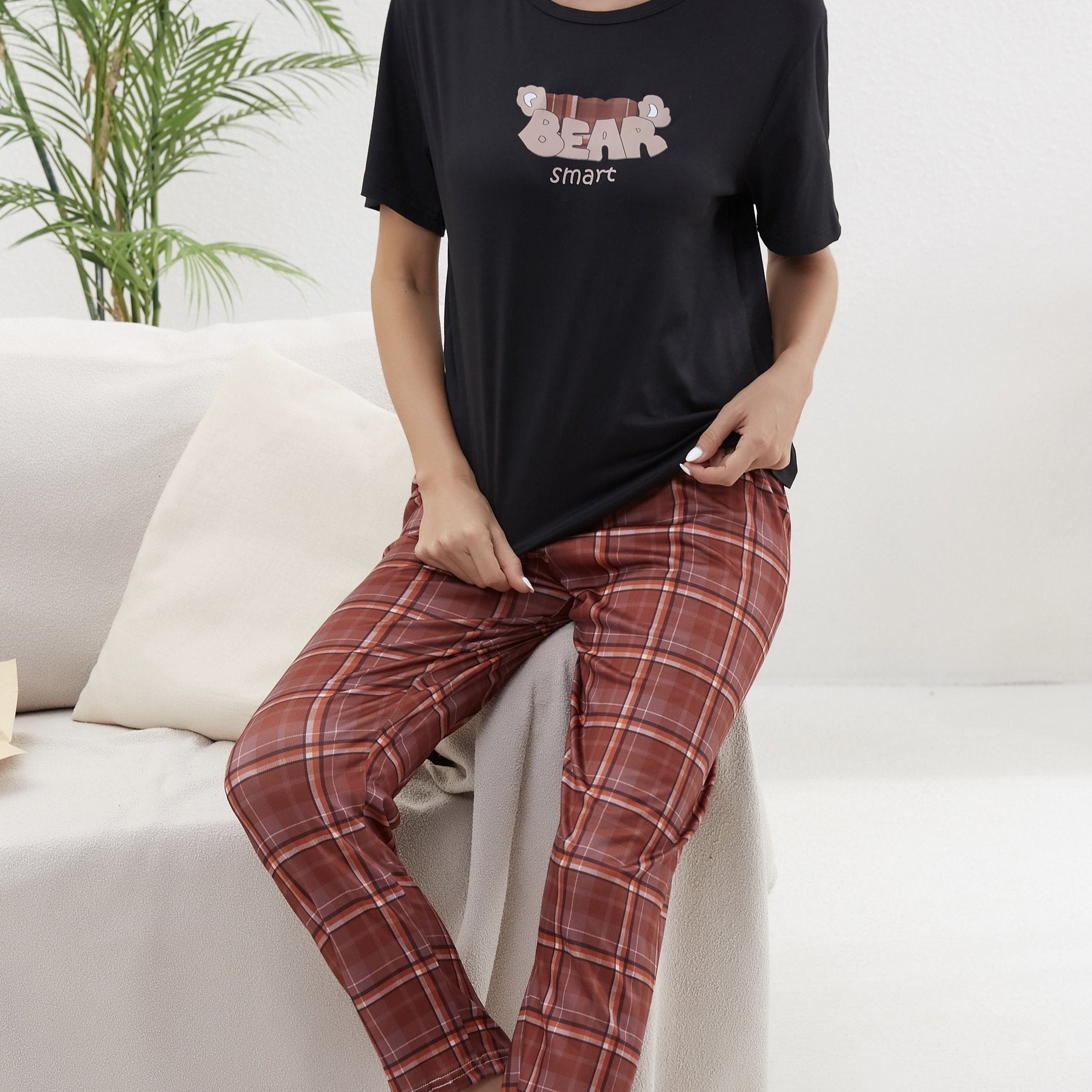Letter Print Pajama Set Crew Neck Top & Plaid Pants Women's Loungewear