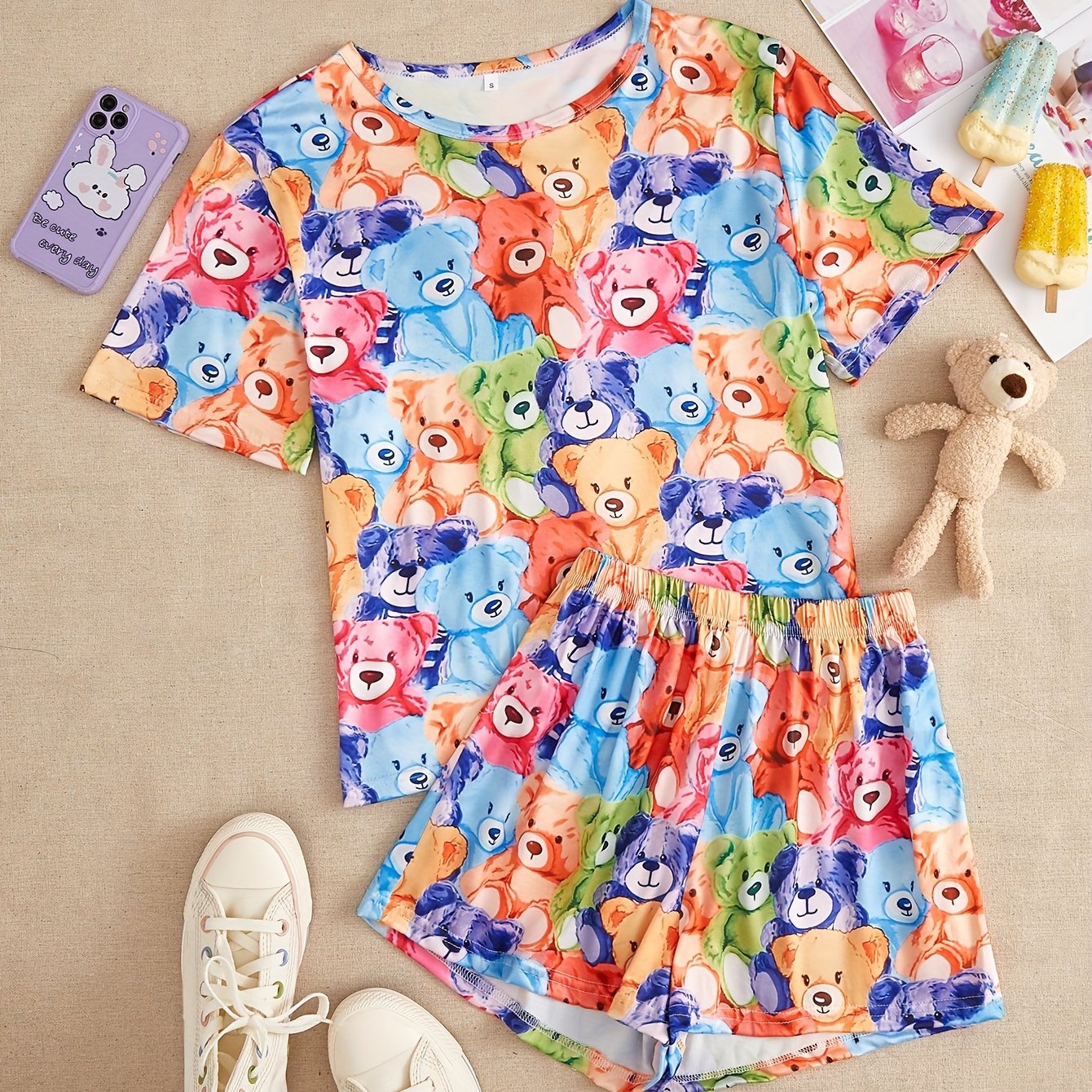 Bear Print Pajama Set Short Sleeve Top & Shorts Women's Sleepwear