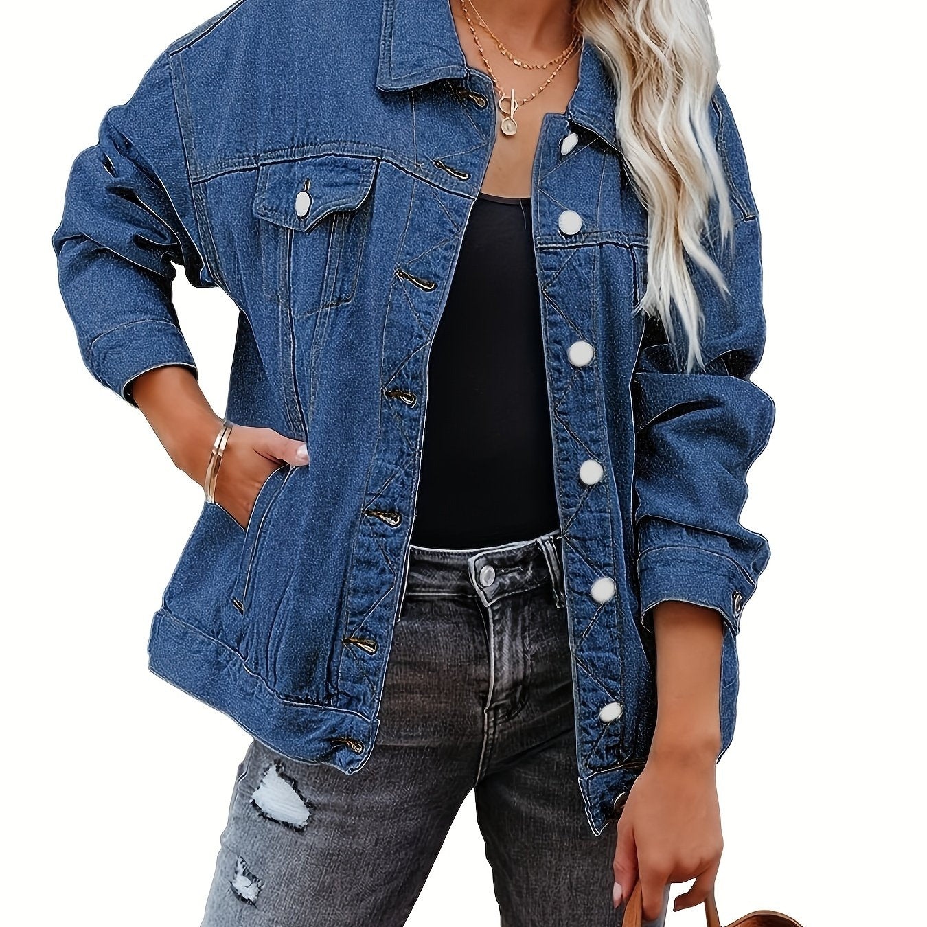 Women's Plus Denim Trucker Jacket Long Sleeve Button Up