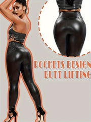 2 Pack Plus Size PU Leather Yoga Pants Set High Waist Sports Leggings
