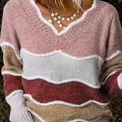 Casual Sweater Women's Plus Floral Trim V Neck Long Sleeve Jumper