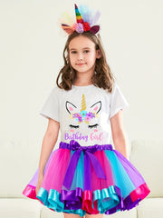 Girl's Birthday Outfit 4pcs Tutu Skirt & T shirt & Headband & Birthday Ribbon