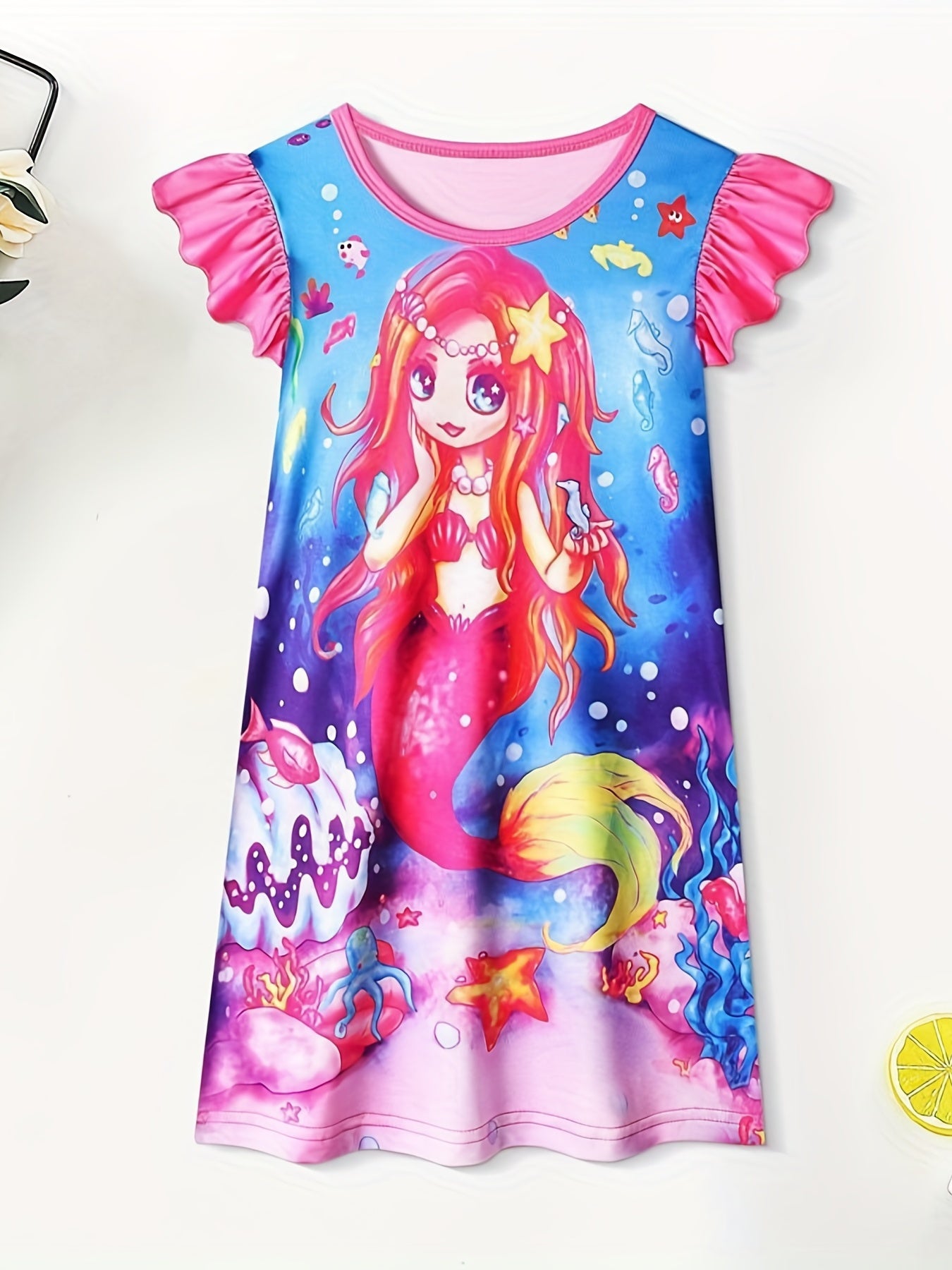 Anime Mermaid Print Sleeveless Ruffle Nightdress for Girls