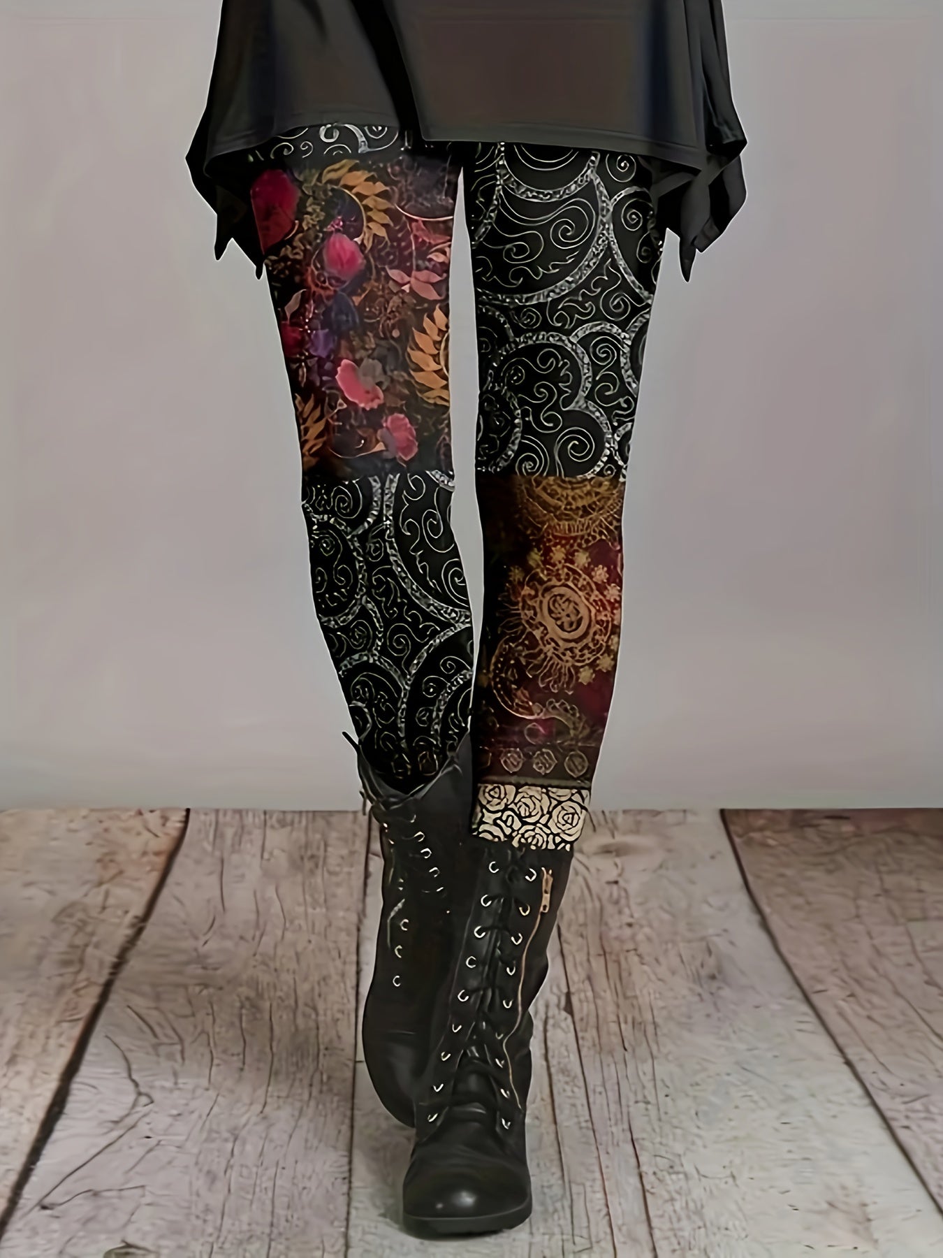 Colorblock Floral Print Leggings High Stretch Slimming Leggings