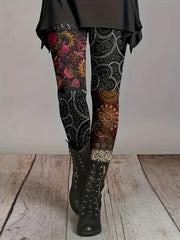Colorblock Floral Print Leggings High Stretch Slimming Leggings