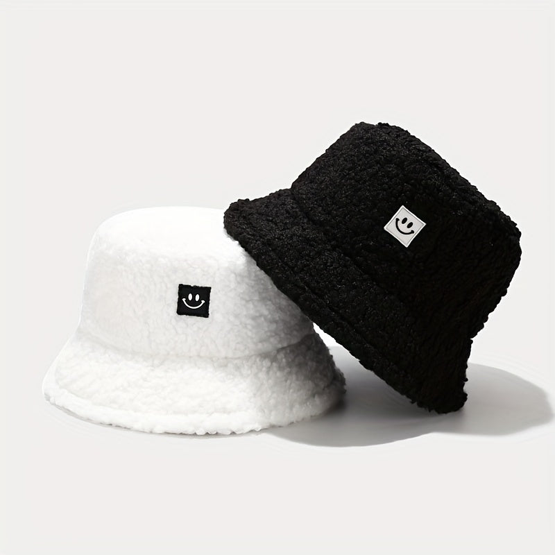 Unisex Sunshade Fleece Bucket Hat with Smile Face Patch - Double Sided Sun Hat