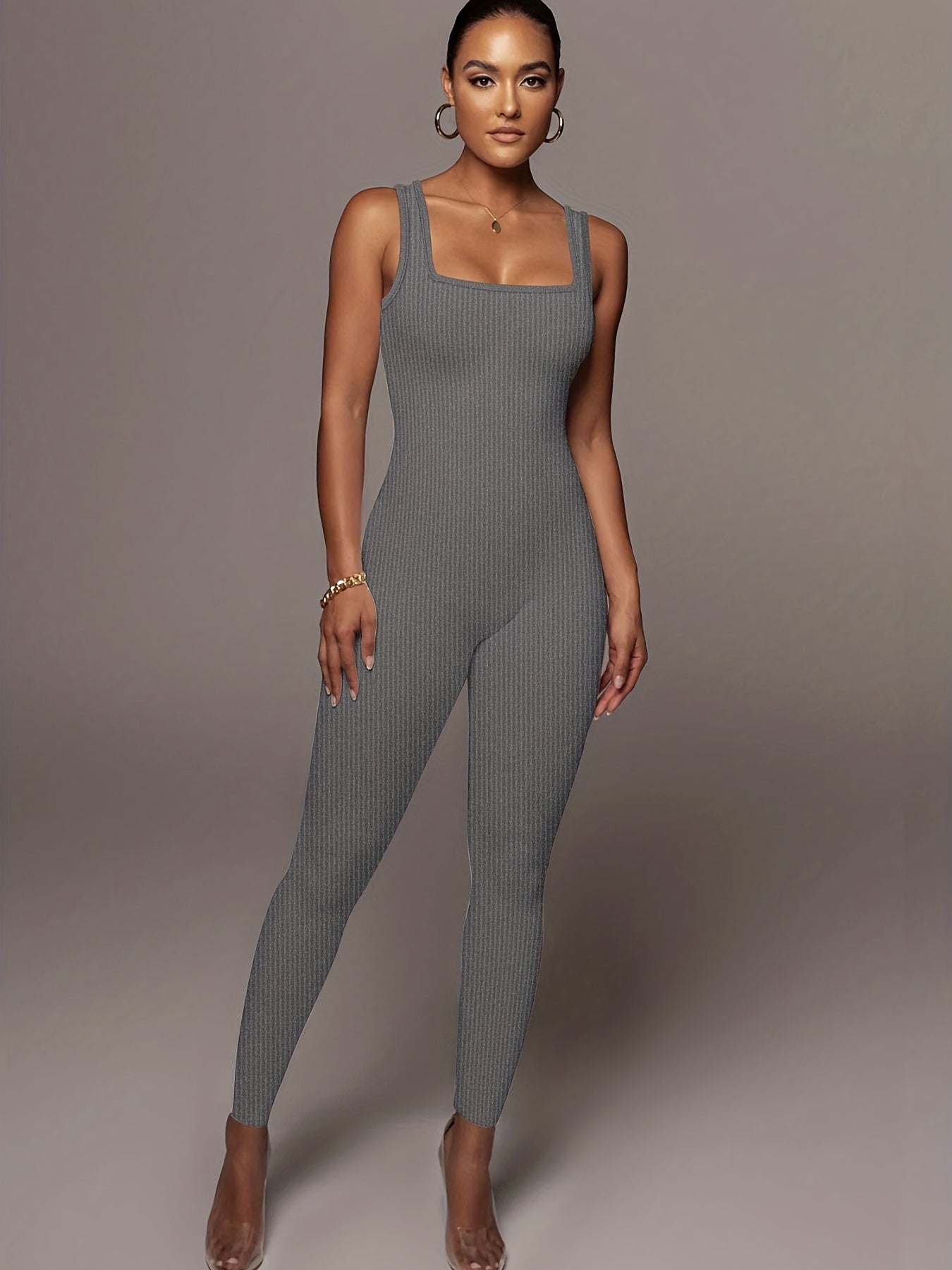 Ribbed Square Neck Jumpsuit Sexy Sleeveless Jumpsuit