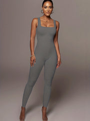 Ribbed Square Neck Jumpsuit Sexy Sleeveless Jumpsuit