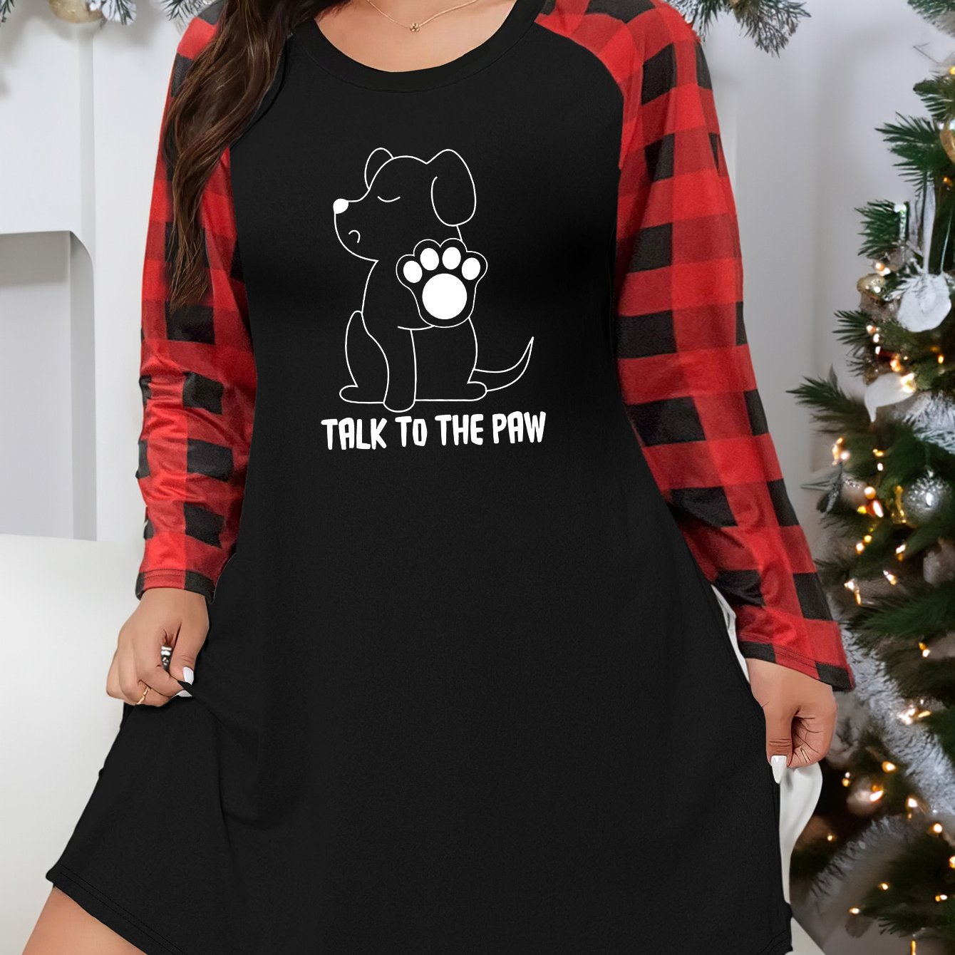 Lounge Dress Women's Plus Puppy Graphic Plaid Raglan Sleeve Nightdress