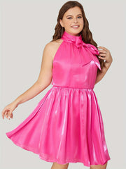 Plus Size Solid Halter Neck Organza Dress with Bow Knot Front
