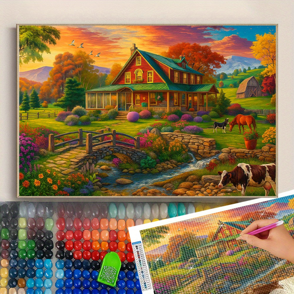 5D Diamond Painting Scenic Rural Landscape House Animals Autumn Trees