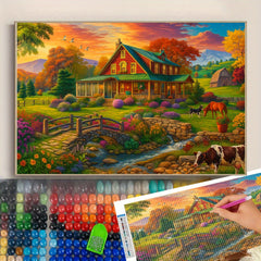 5D Diamond Painting Scenic Rural Landscape House Animals Autumn Trees