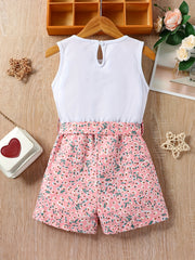 Toddler Girls Floral Heart Graphic Romper Sleeveless Jumpsuit for Beach Vacation