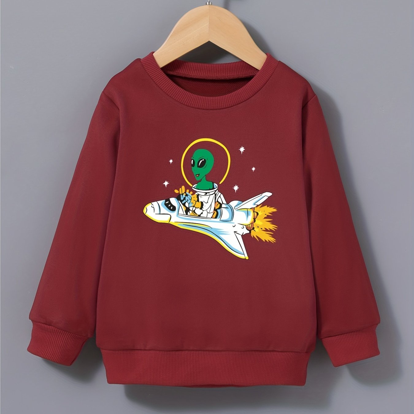 Boys Space Alien & Airplane Print Sweatshirt Crew Neck Top