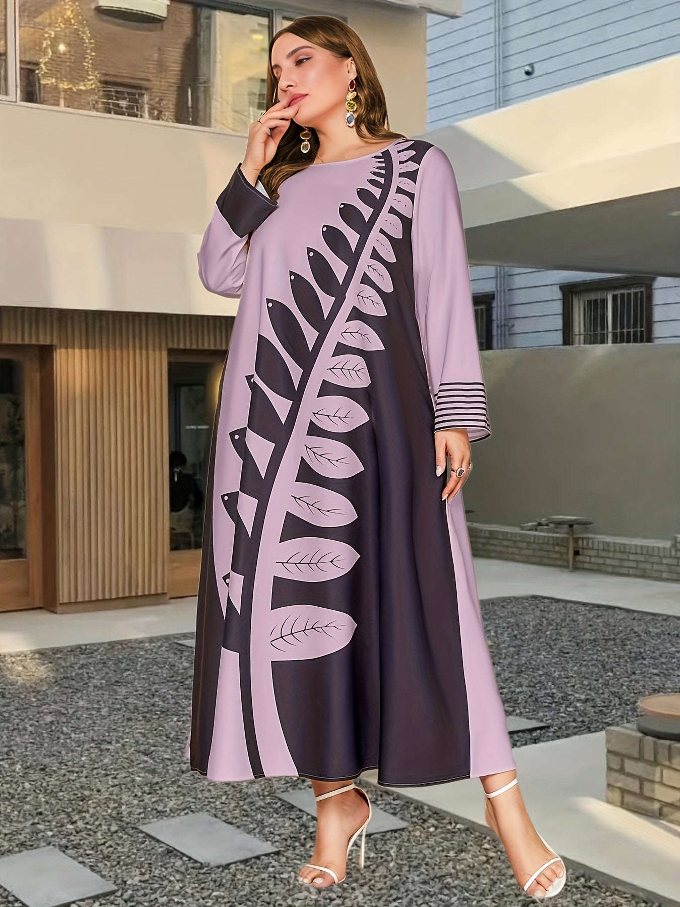 Colorblock Leaf Print Maxi Dress