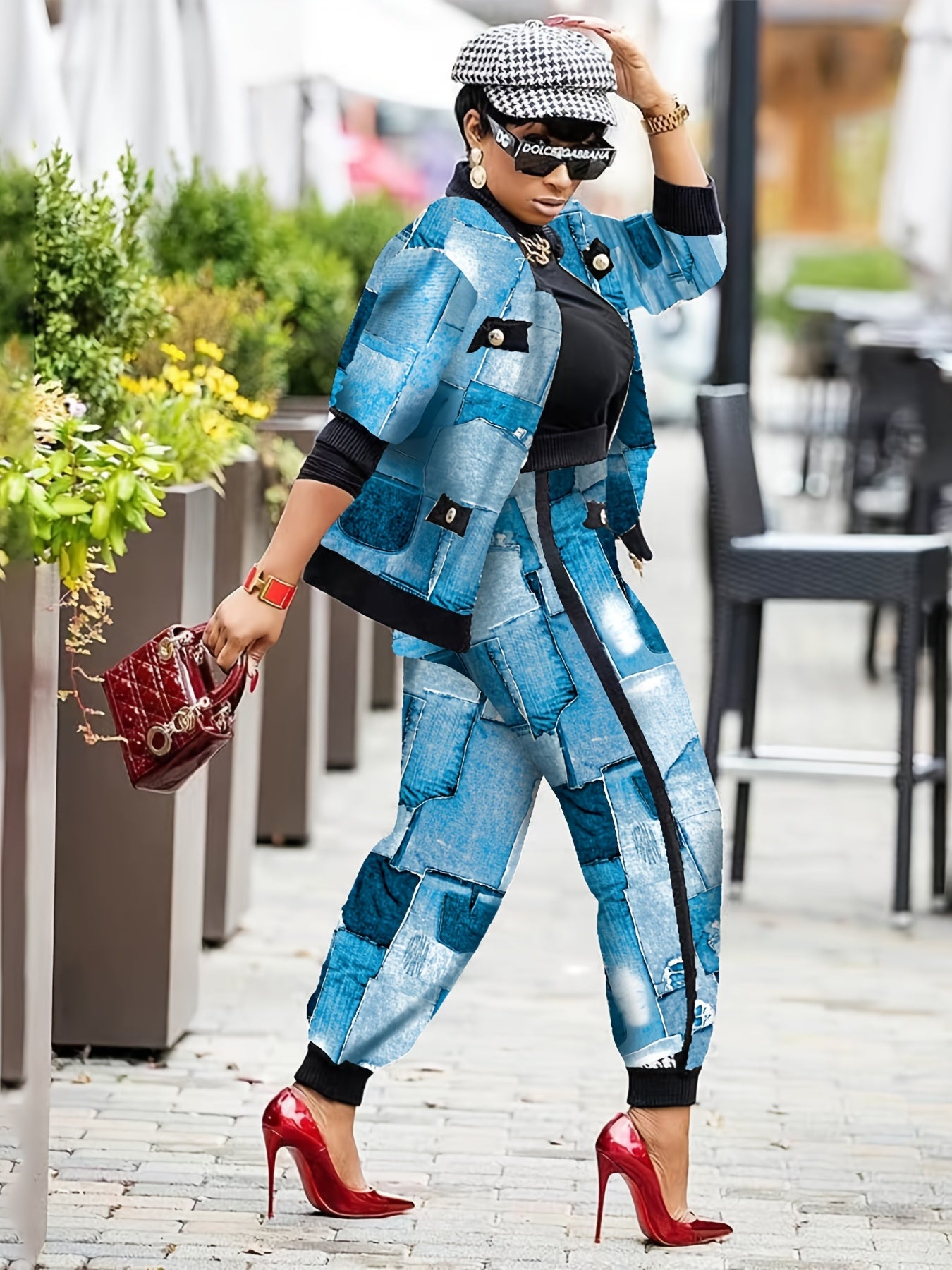 Women's Plus Denim Print Jacket & Joggers Set