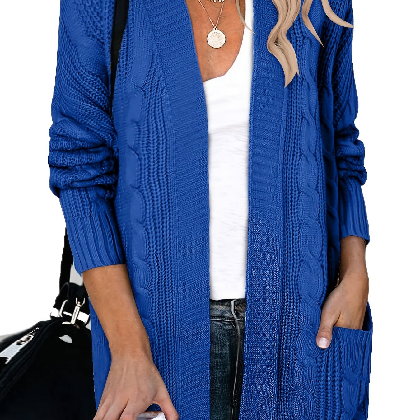 Solid Cable Long Sleeve Open Front Cardigan With Pockets