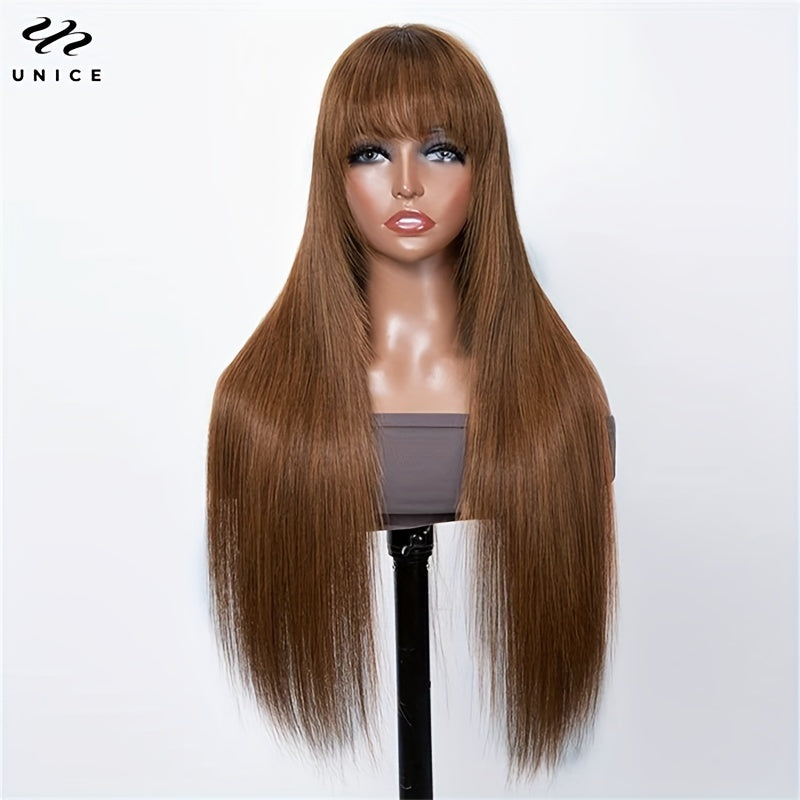Brown Long Straight Hair Wig with Bangs Glueless Layer Cut Human Hair Wig