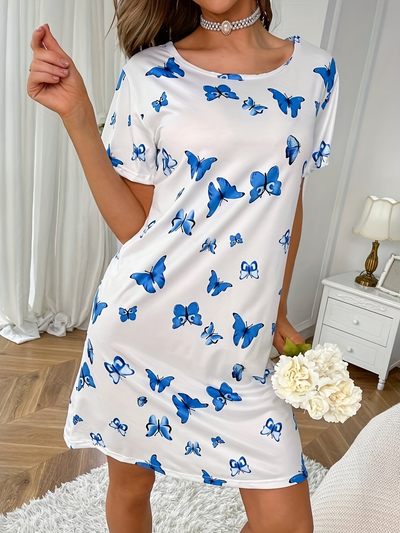 Butterflies Print Short Sleeve Pajama Dress