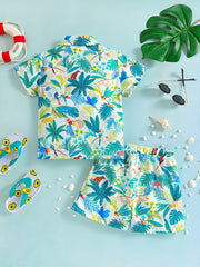 2pcs Boys Teen Casual Plant Graphic Print Shirt & Shorts Set for Summer