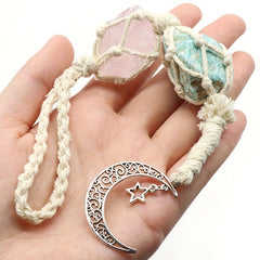 Natural Crystal Raw Hanging Car Charm - Star Moon Charm Rearview Mirror Decor