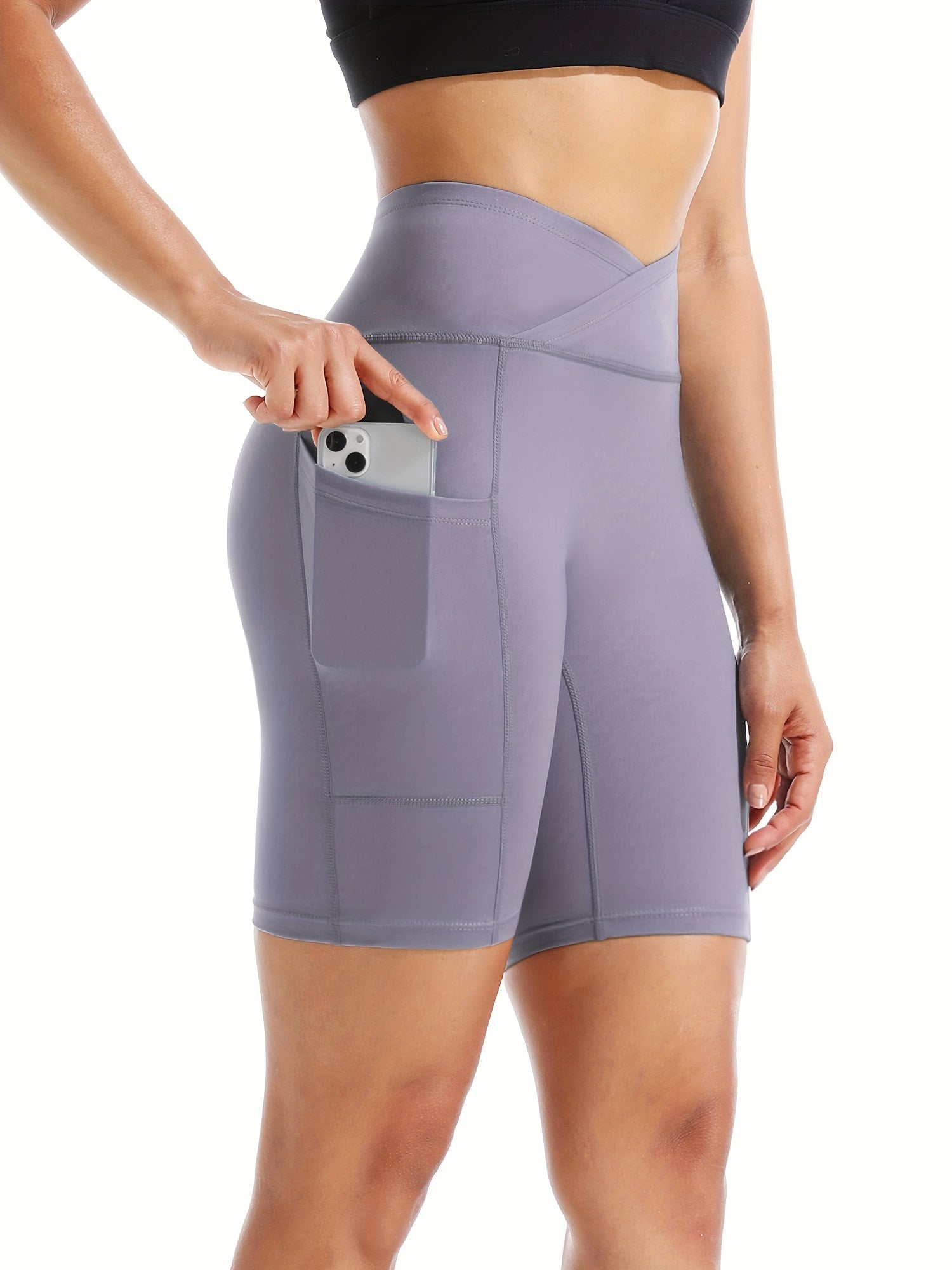 Cross Waist Pocket Sports Shorts For Women High Waisted Yoga Shorts Workout