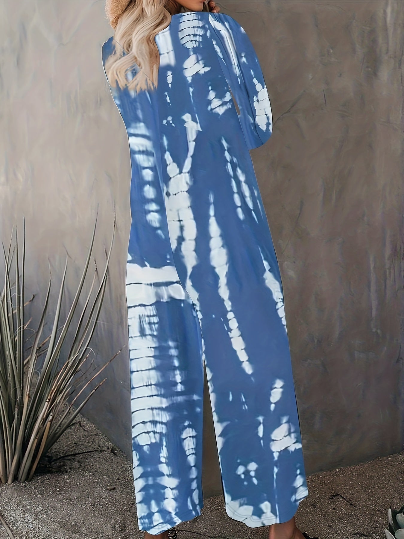 Tie Dye Long Sleeve Round Neck Wide Leg Jumpsuit With Pockets