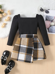 Girls Square Neck Top & Red Plaid Skirt Set Spring Fall